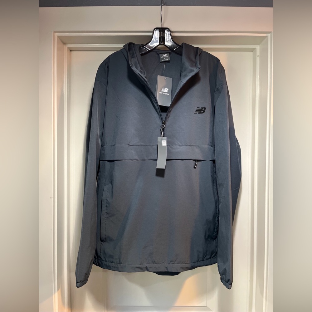 Mens Large New Balance Wind Jacket Half Zip Mesh Lined Hood Gray Water Resistant